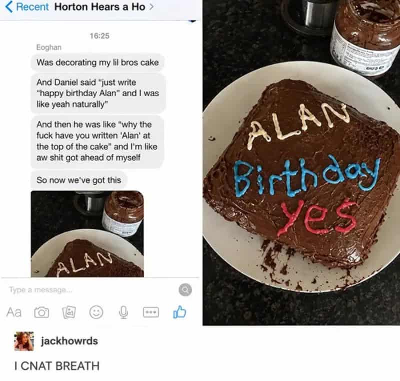 Chocolate birthday cake with 'ALAN Birthday Yes' written on it in colorful icing.