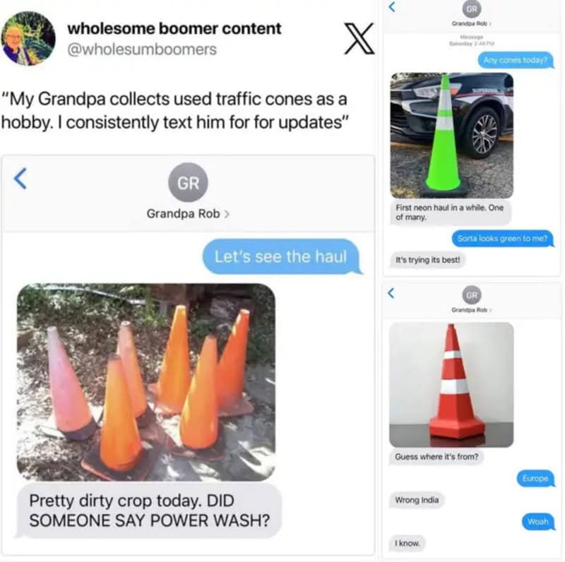 A collage of traffic cones used as a hobby, with a text message about collecting traffic cones.