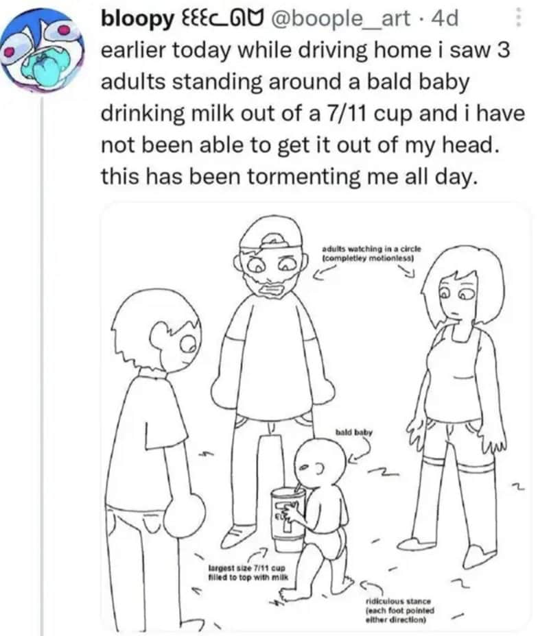 Drawing of three adults and a bald baby drinking milk from a 7/11 cup.