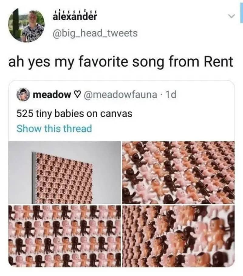 Screenshot of a tweet about tiny baby figurines on canvas, with four close-up photos.