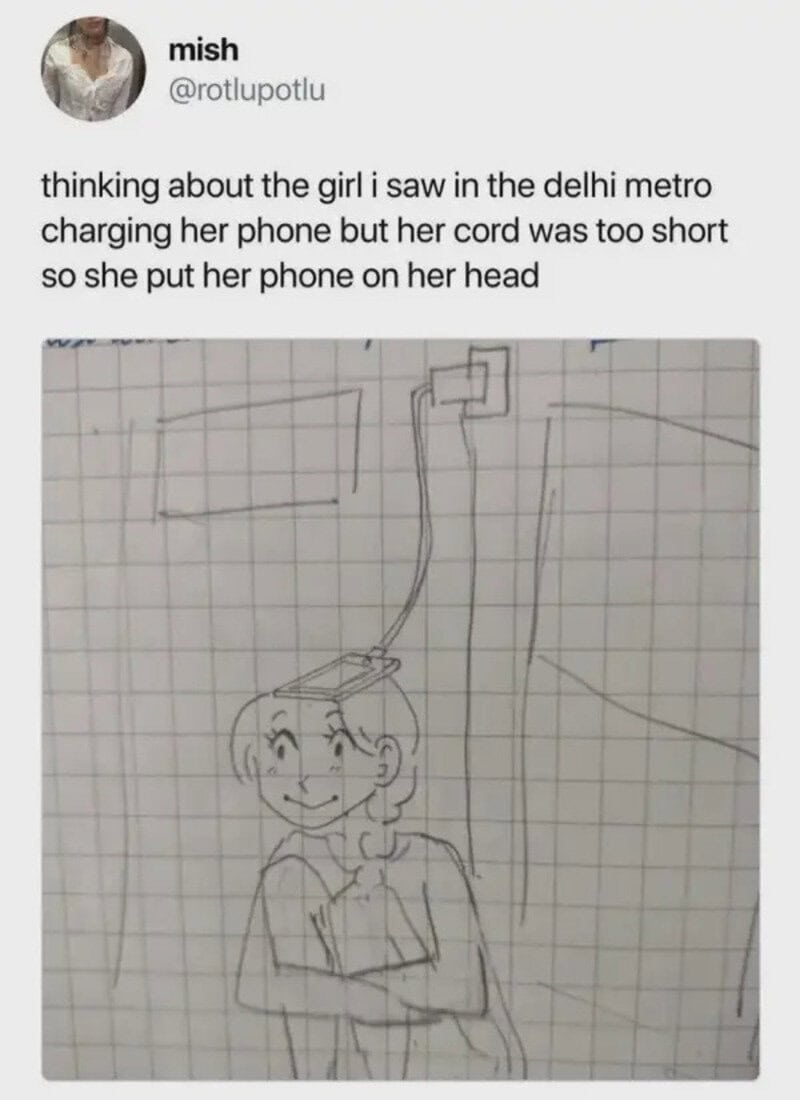 Drawing of girl with phone on her head, with caption about Delhi metro.