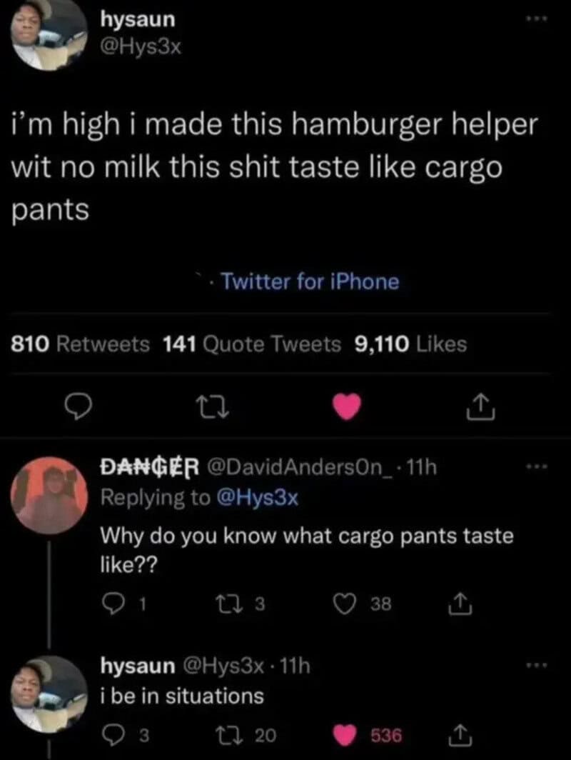 Twitter post about hamburger helper tasting like cargo pants, with a reply about cargo pants taste.