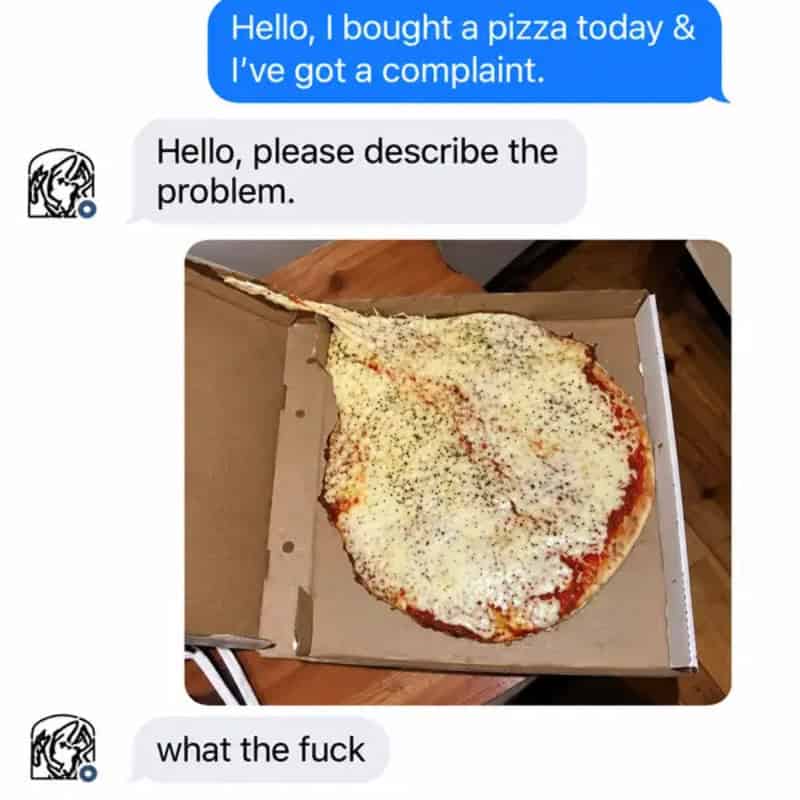 Pizza with cheese and herbs in a box, with a humorous text conversation about a complaint.