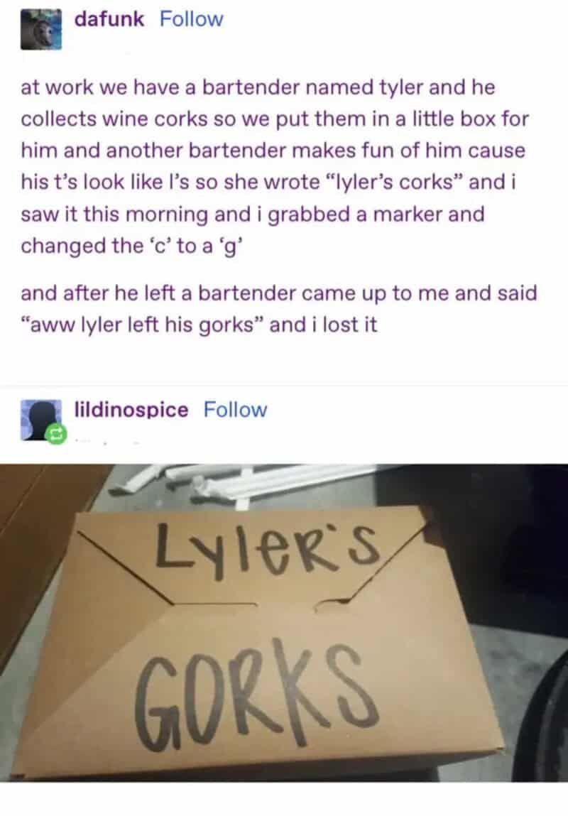 Photo of a cardboard box labeled 'Lyler's Gorks' with a humorous misspelling.