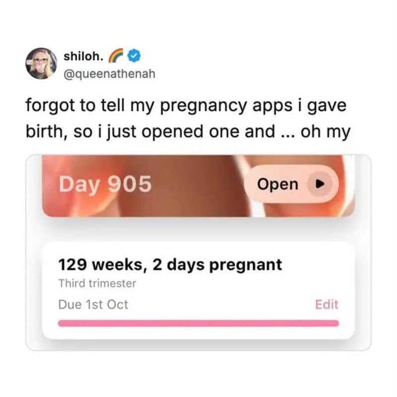Pregnancy app showing 129 weeks, 2 days pregnant, third trimester, due October 1st.