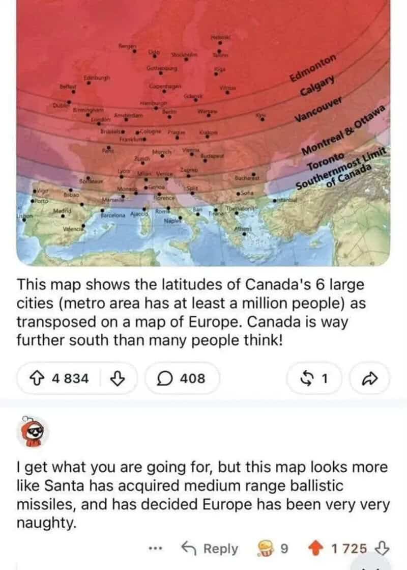 Map showing Canada's large cities and missile range over Europe.