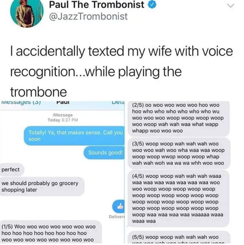 Text conversation about voice recognition and playing the trombone.