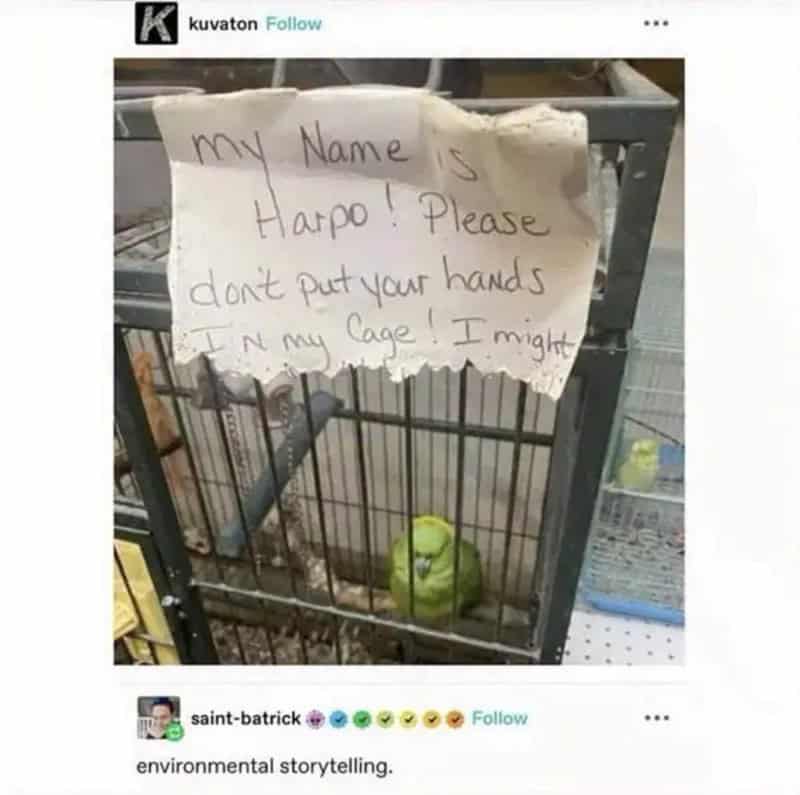 Sign says 'My Name is Harpo! Please don't put your hands in my cage! I might...'.