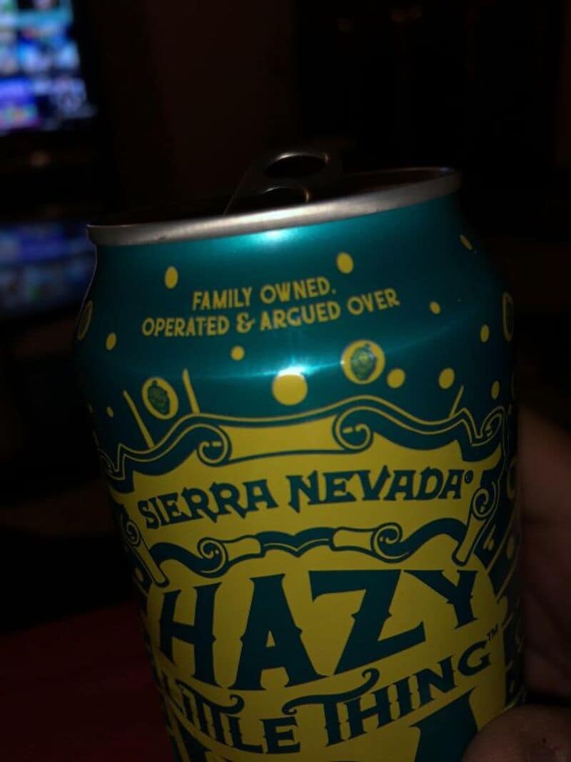Sierra Nevada Hazy Little Thing beer can with yellow and blue design.