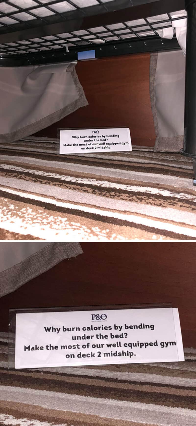 Sign under bed with humorous message about burning calories by bending under the bed.