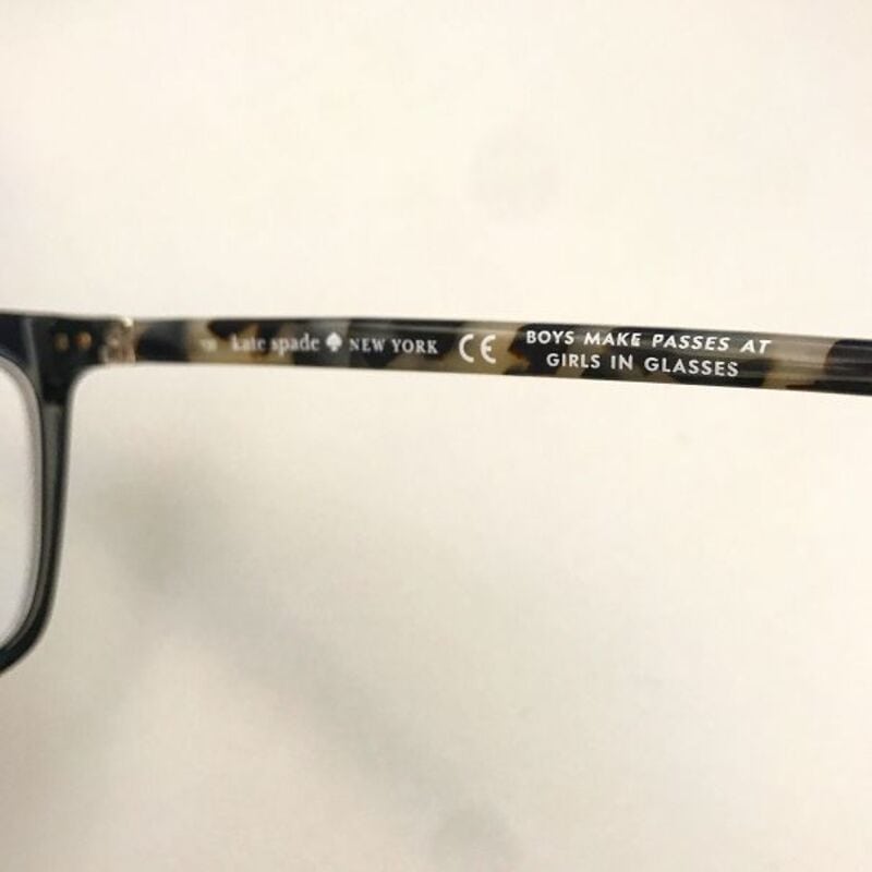Glasses with the message 'BOYS MAKE PASSES AT GIRLS IN GLASSES' on the arm.