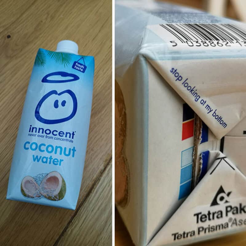 Coconut water carton with a smiley face and the text 'innocent never ever from concentrate'.