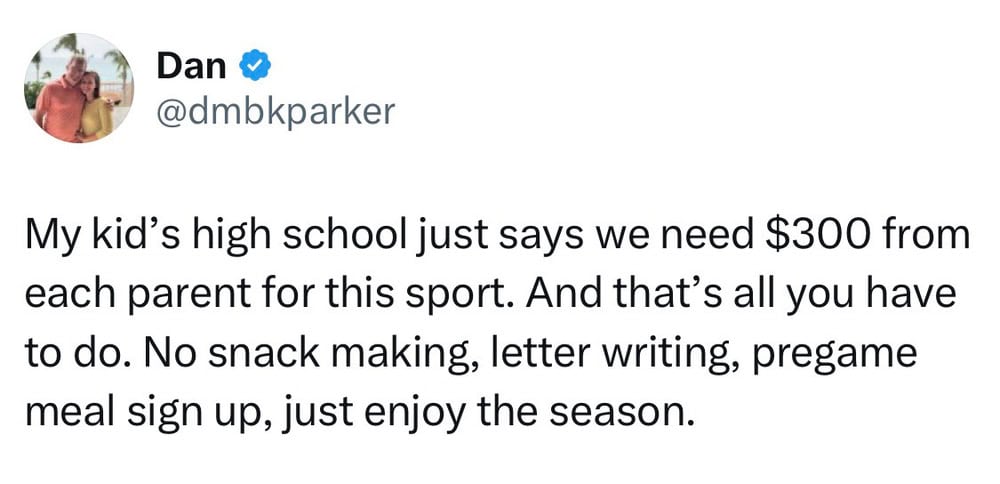 A tweet from Dan about a high school fundraiser asking for $300 from each parent.
