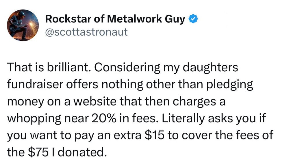 Twitter post by Rockstar of Metalwork Guy about a fundraiser with high fees.