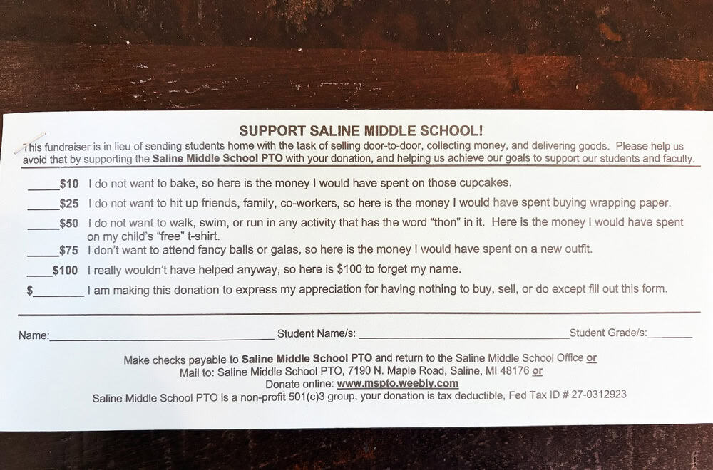 Fundraiser form with humorous quotes about donations and a space for student info.