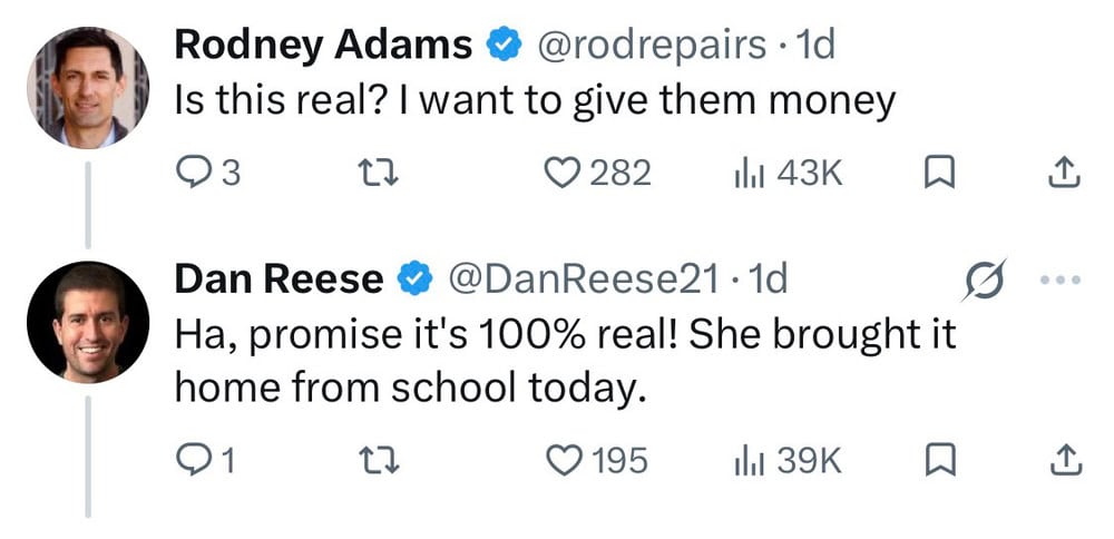 Two tweets about a fundraiser, one asking if it's real, the other confirming it is.