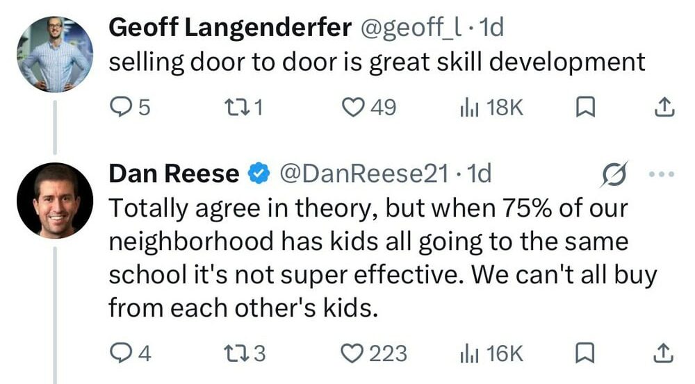 Screenshot of two tweets discussing door-to-door sales and neighborhood effectiveness.
