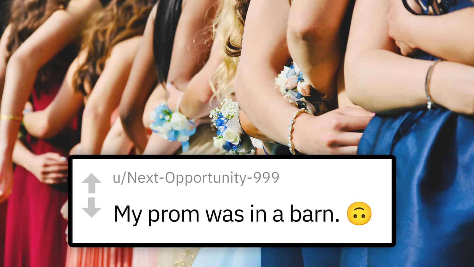 Group of girls in dresses with a social media comment about prom in a barn.