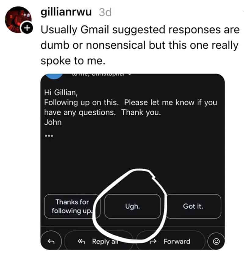 Screenshot of a Gmail conversation with a reply saying 'Ugh.'.