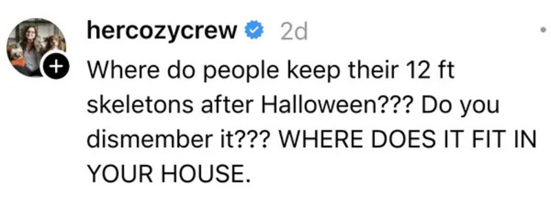 Instagram post by hercozycrew questioning where to keep 12 ft skeletons after Halloween.