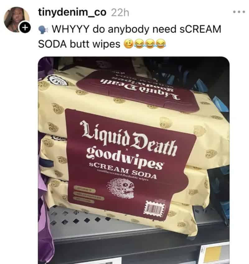 Liquid Death goodwipes sCREAM SODA butt wipes package on store shelf.