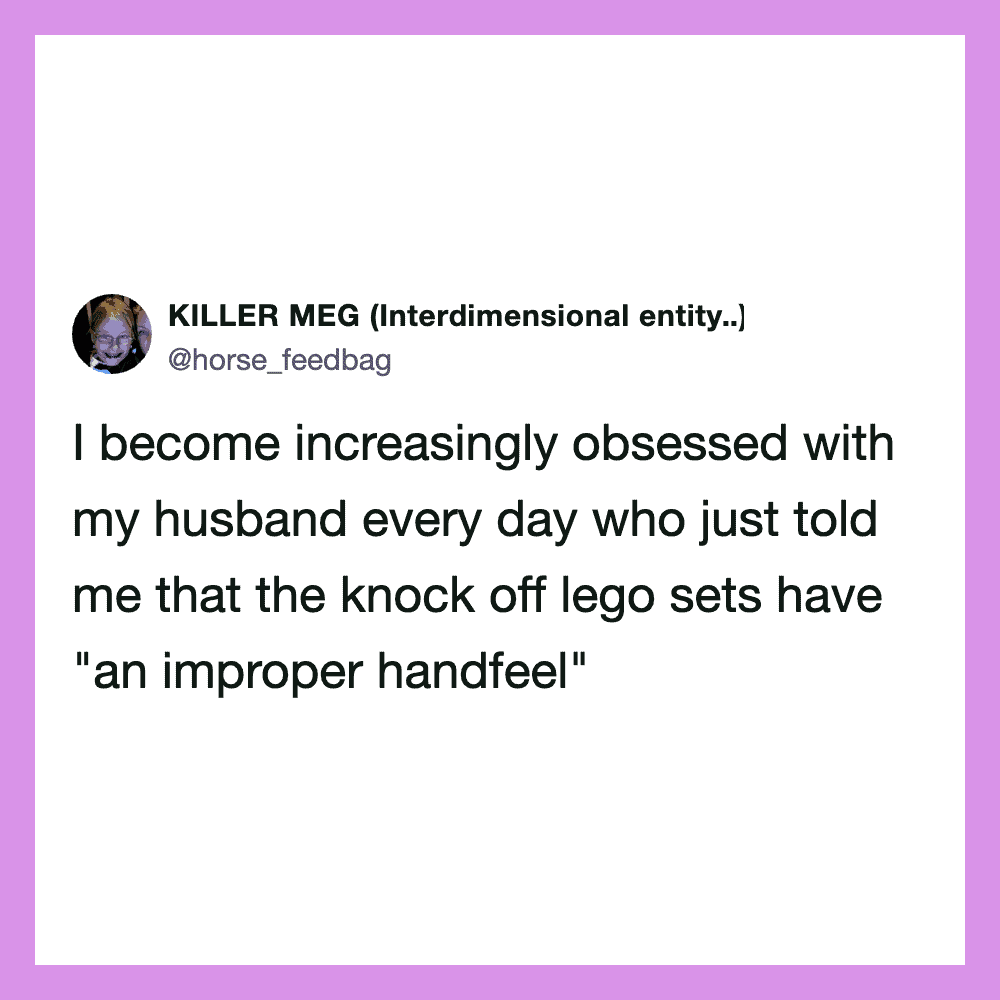 Tweet by KILLER MEG about obsession with her husband and lego sets.