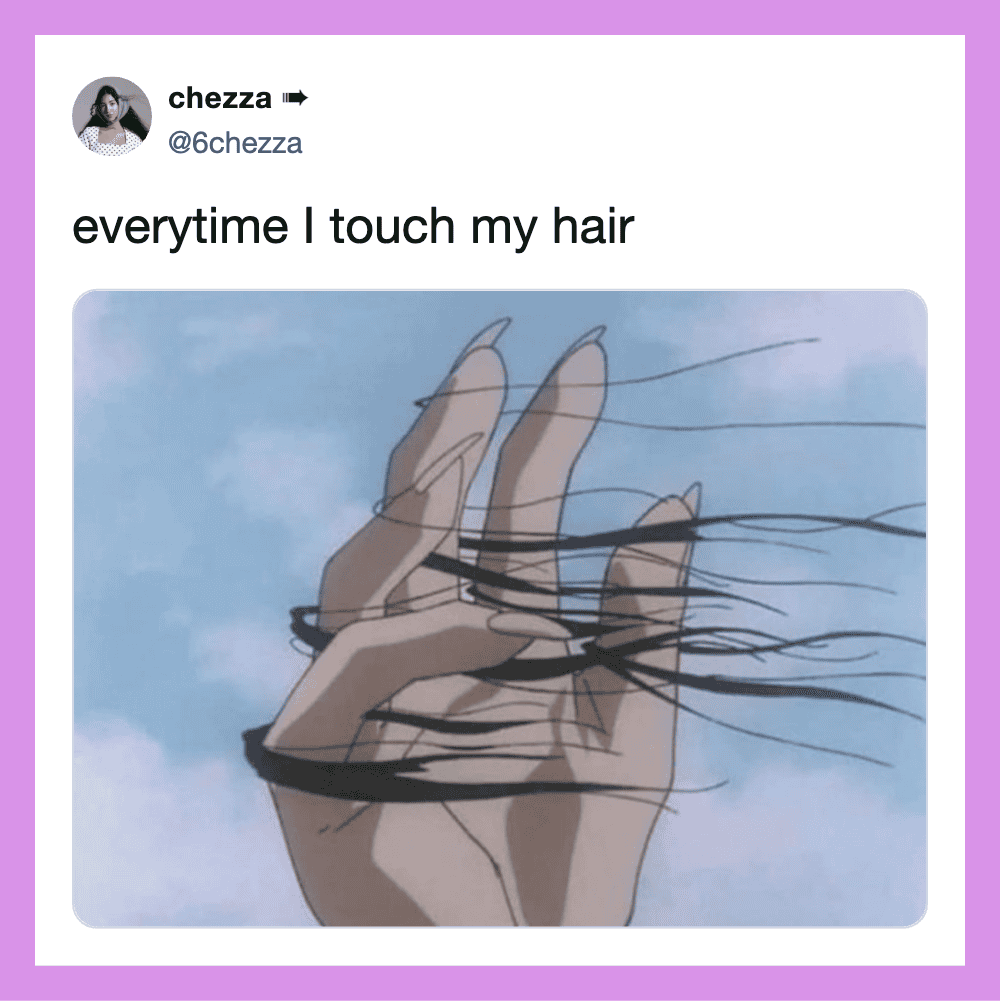 Hand touching hair with motion lines, sky background, caption about touching hair.