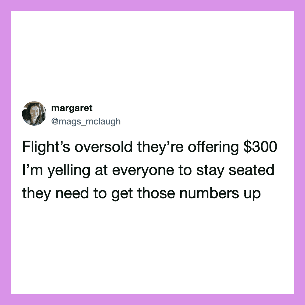 Tweet by margaret about flight prices and seating issues.