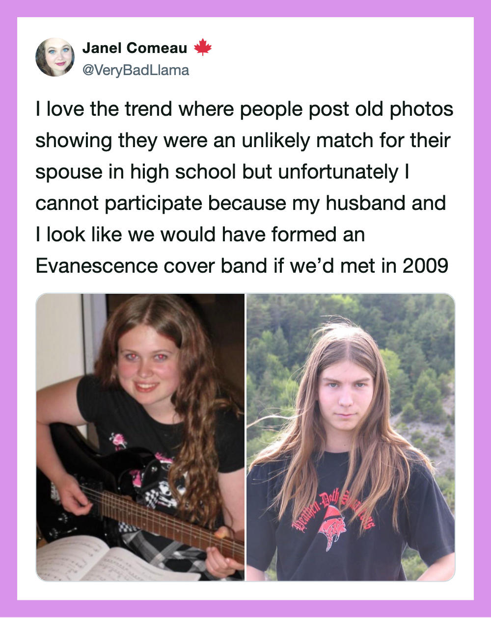 Tweet by Janel Comeau about old photos and Evanescence cover band.