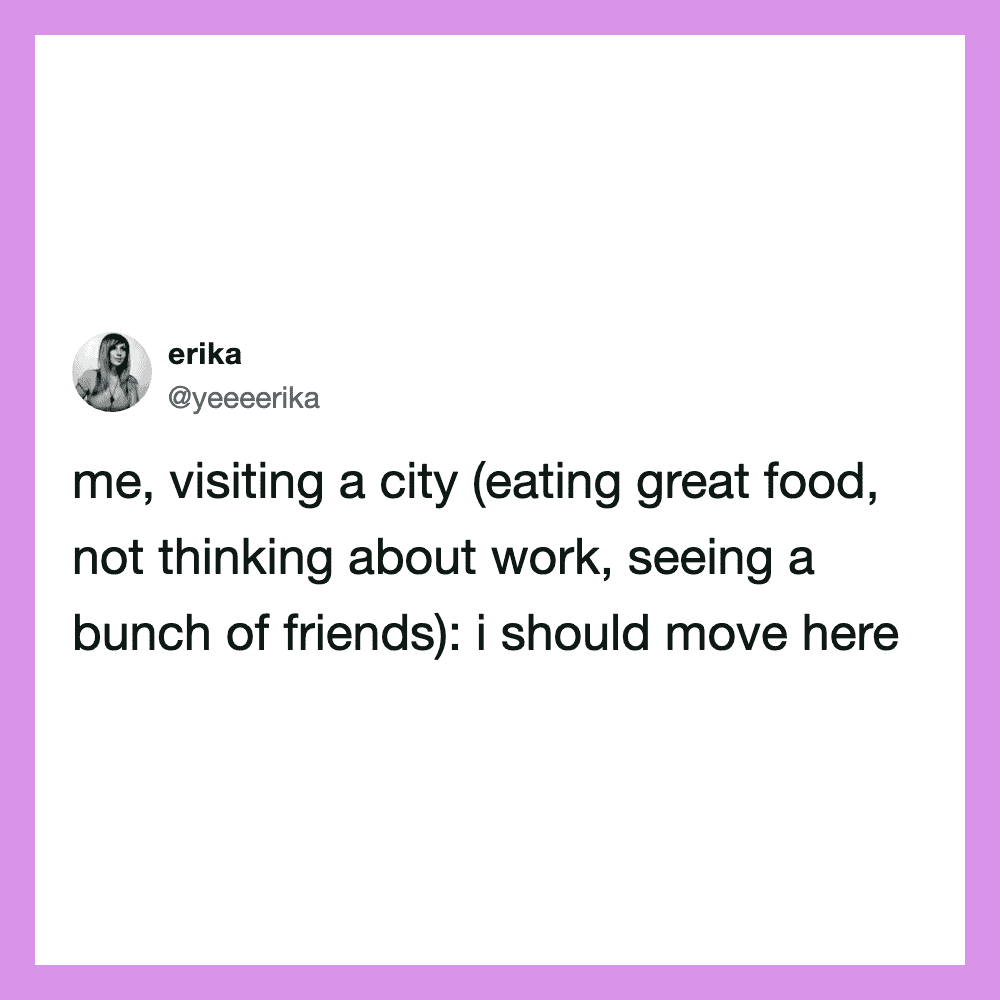 Erika's tweet about visiting a city, eating great food, and seeing friends.