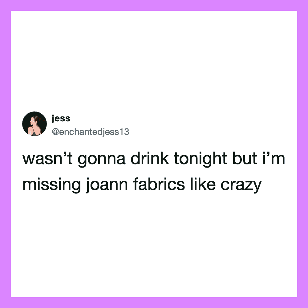 Twitter post by jess about missing Joann fabrics.