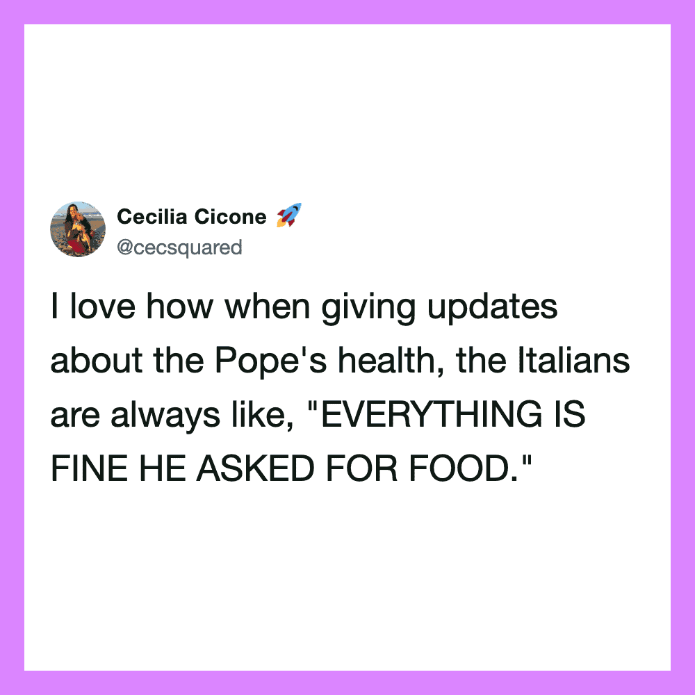 Cecilia Cicone tweet about Italians and the Pope's health.