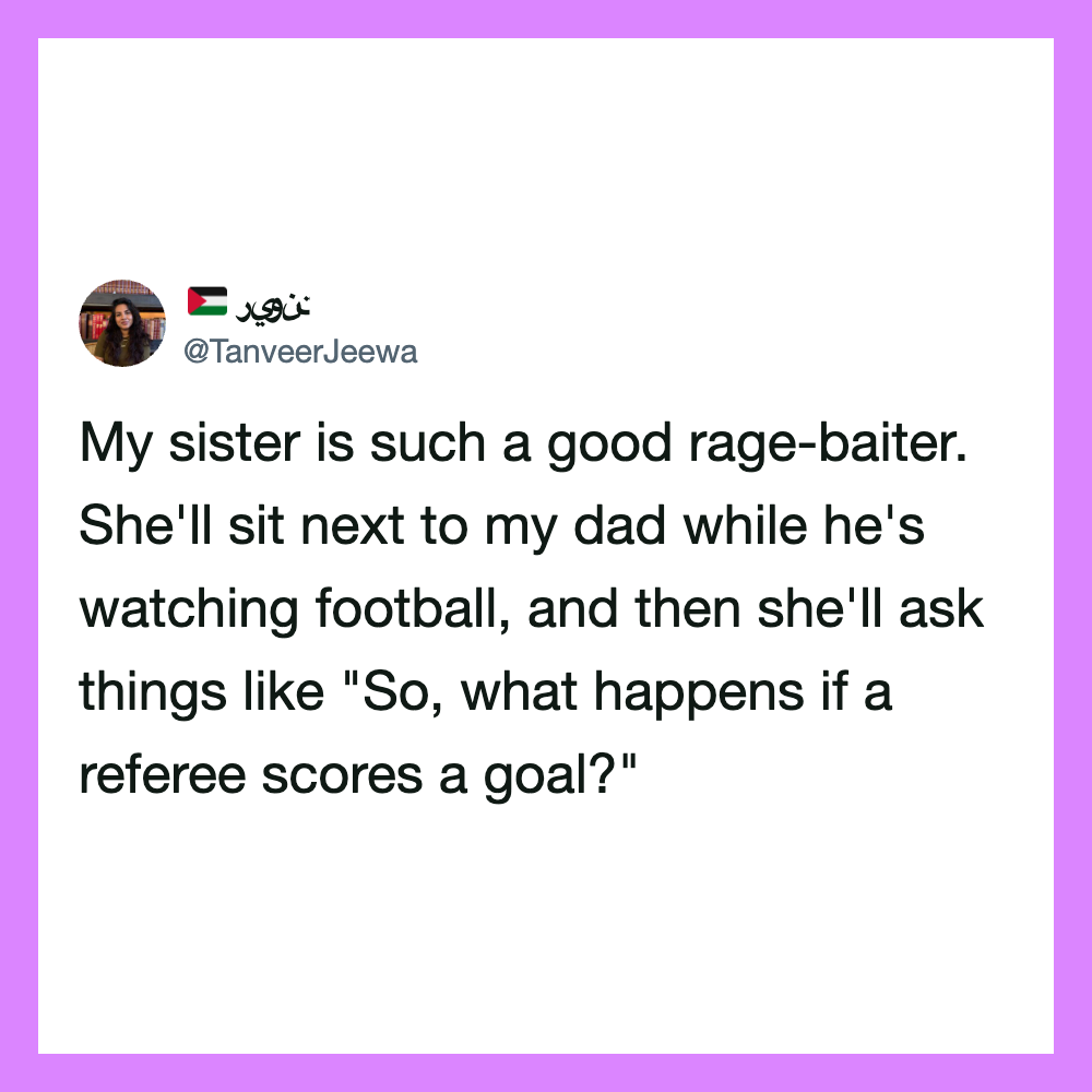 Twitter post by @TanveerJeeva about her sister and her dad watching football.