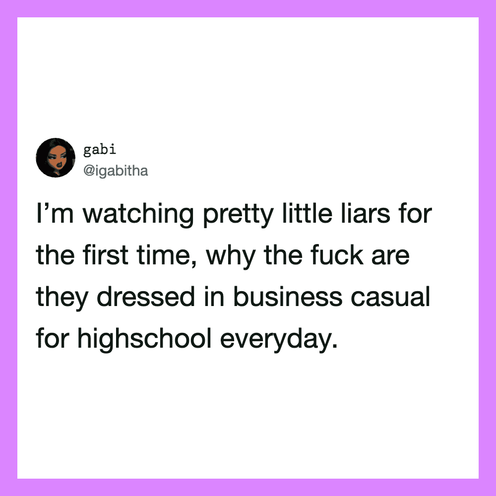 Gabi tweets about liars dressed in business casual for high school.