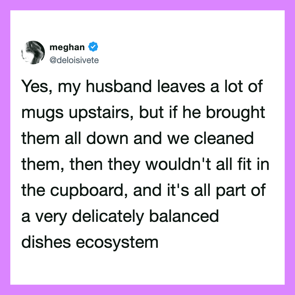 A tweet from meghan about her husband's mug collection and cleaning.