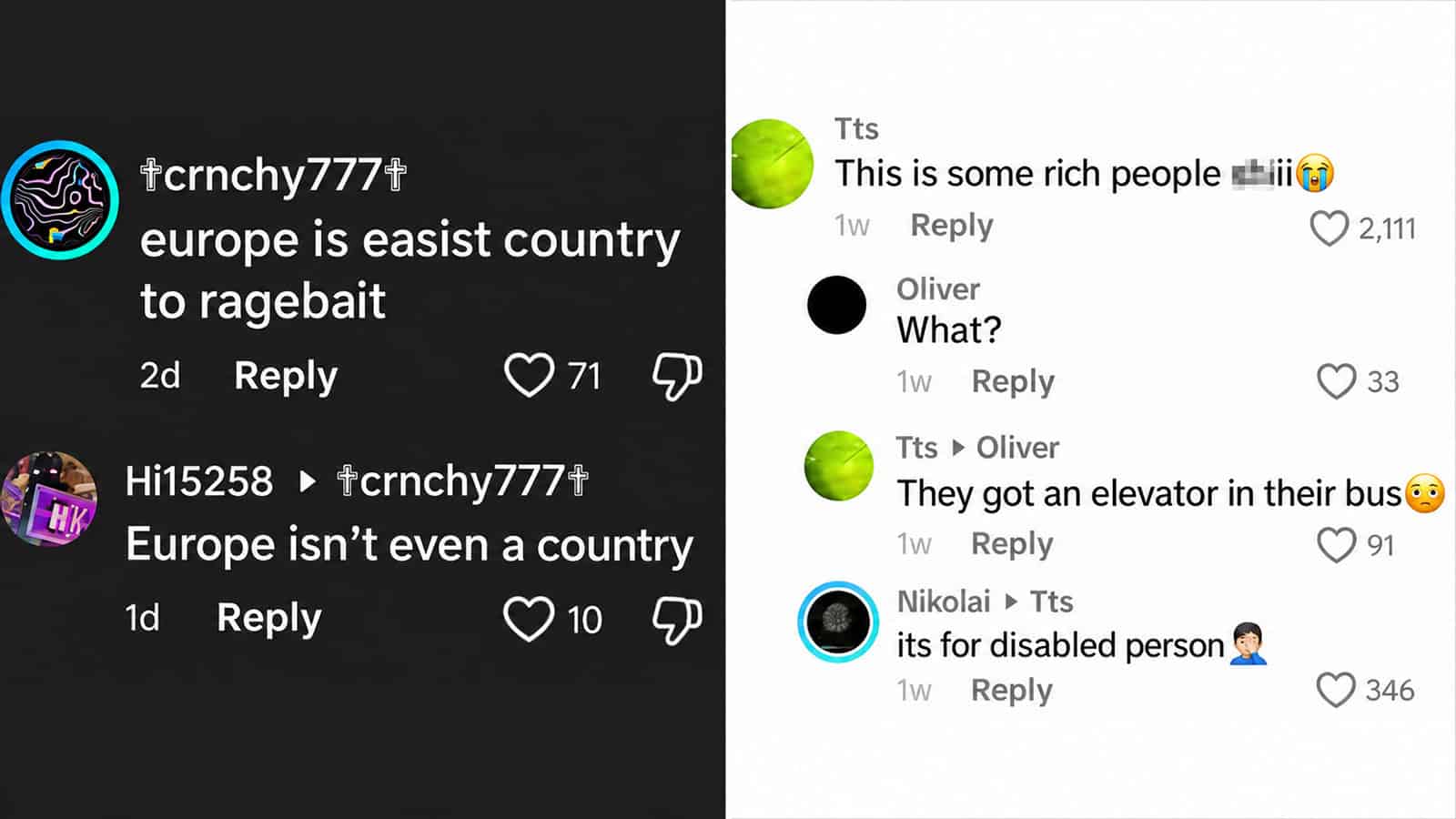TikTok comments about Europe and rich people, with humorous replies.