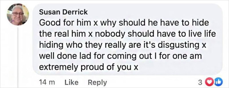 Comment by Susan Derrick about someone hiding their true self, praising him and calling out disingr.