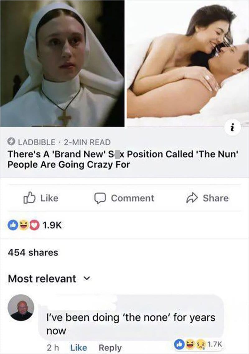 Nun priestess and a nude couple in a split image with a social media post headline.