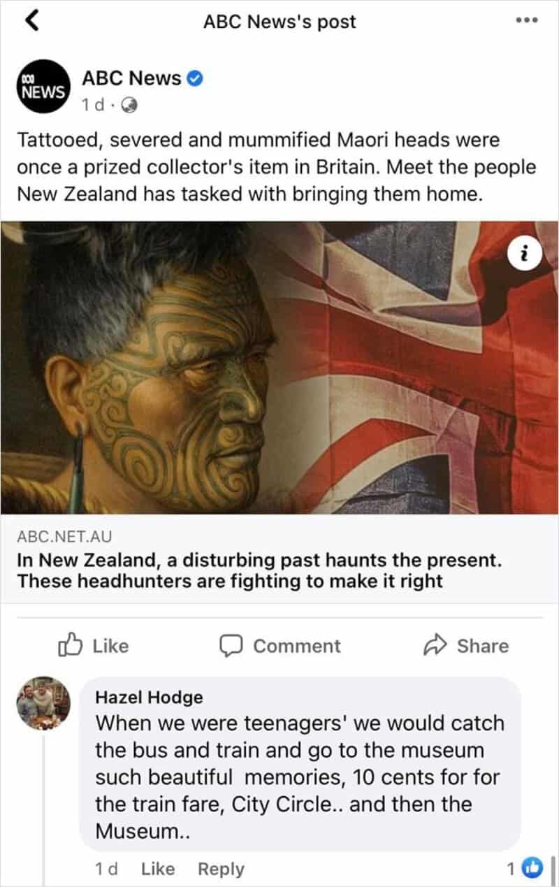 Tattooed Maori head with Union Jack flag in background.