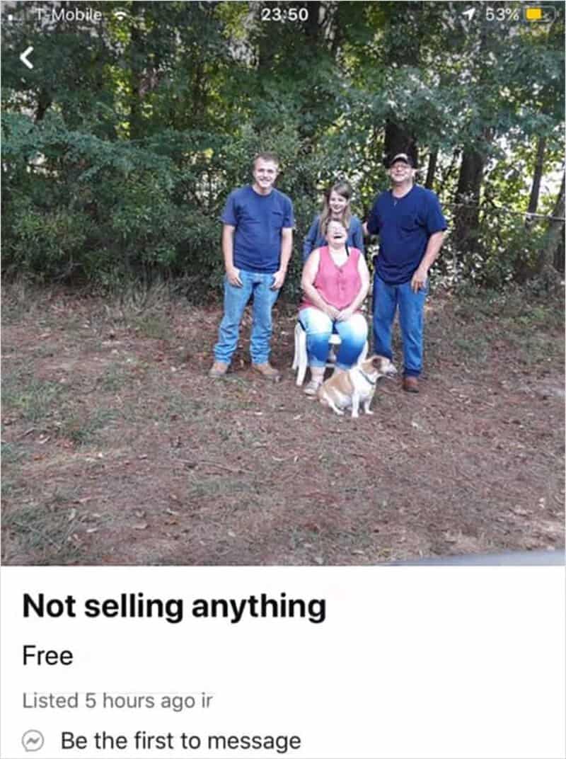 Not selling anything group photo outdoors with four people and a small dog.