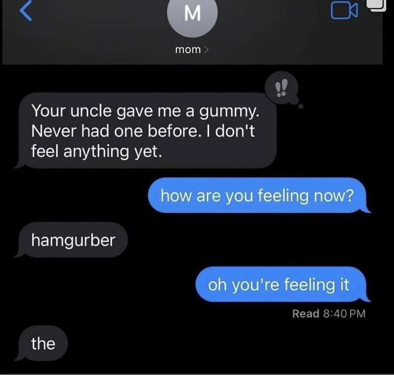 Text conversation about feeling like a hamgurger after a gummy.