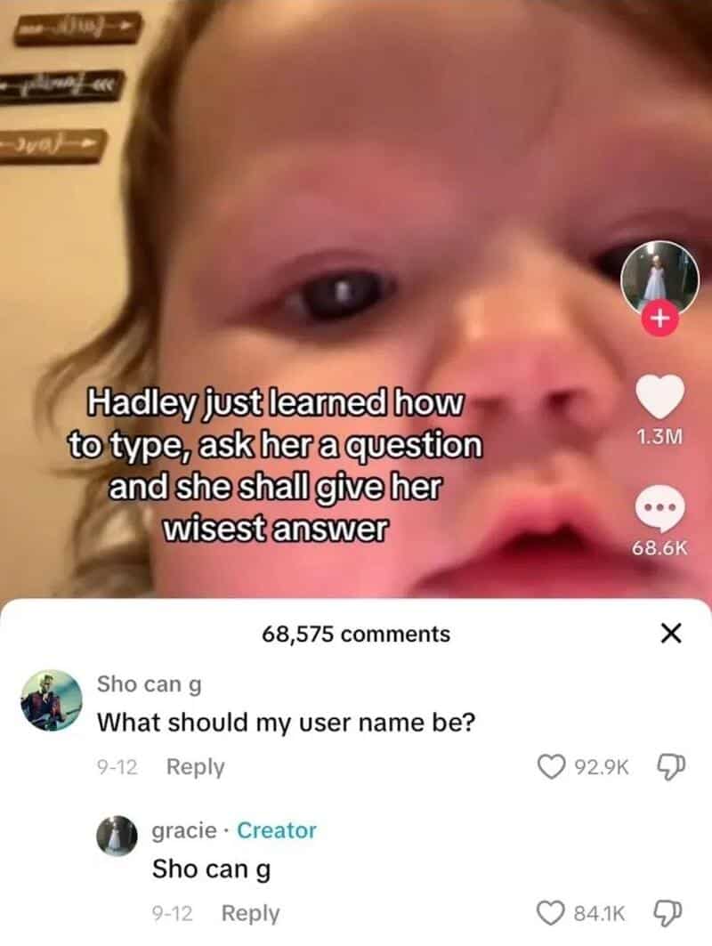 Close-up of a child's face with text overlay about learning to type and asking questions.