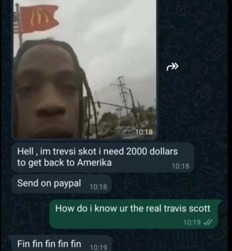 WhatsApp chat screenshot with messages about Travis Scott and money.