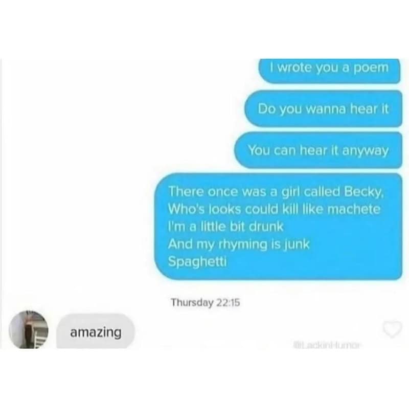 Text conversation with poem about Becky and rhyming words, ending with 'Spaghetti' and a reply 'amza.