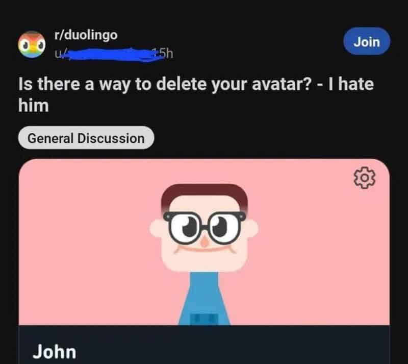 Screenshot of a Duolingo chat asking about deleting an avatar, with a cartoon avatar image.