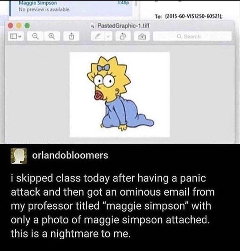Image of Maggie Simpson with a surprised expression, wearing a blue outfit.