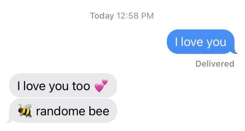 Text message conversation with love and bee emojis.