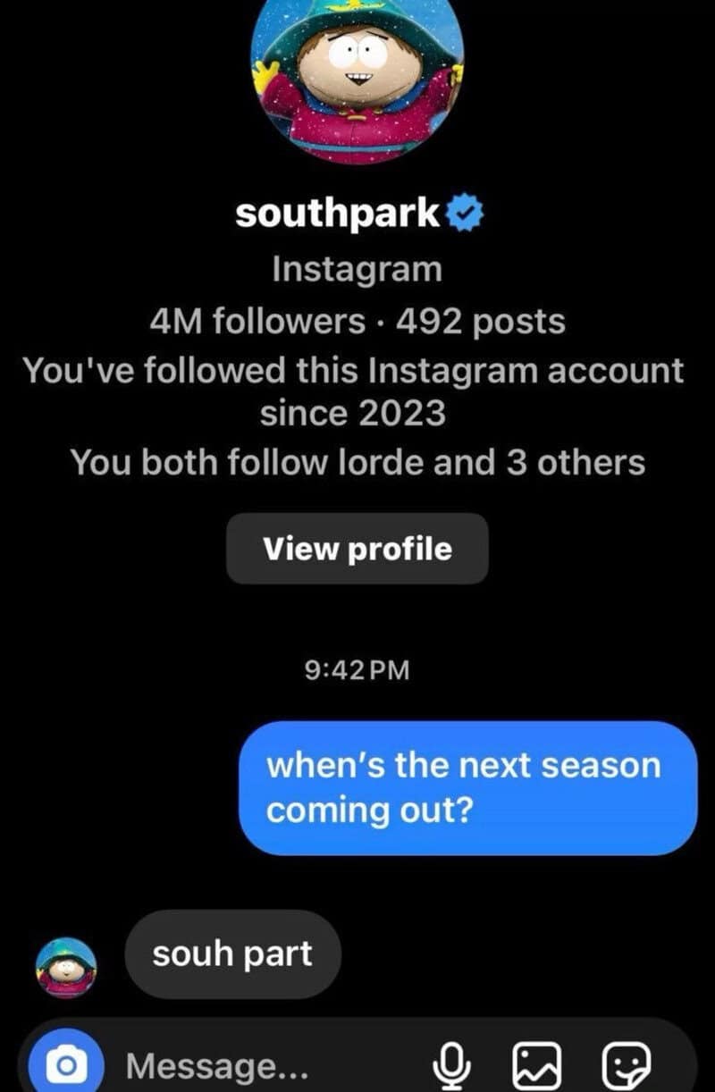 Instagram profile of southpark with a message exchange about the next season.