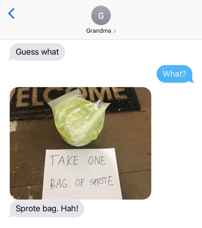 Grandma's note says 'Take one bag of Sprite' with a Sprite bag on a table.