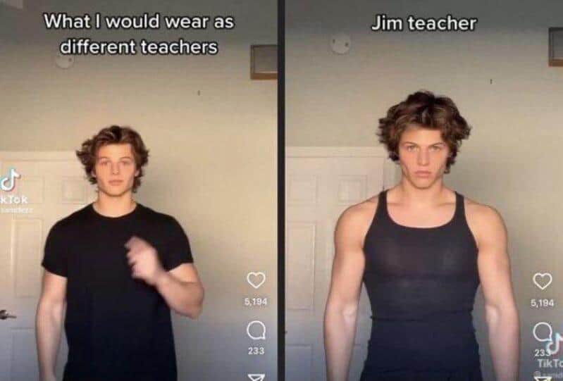 Comparison of different outfits for teachers, with a muscular transformation.